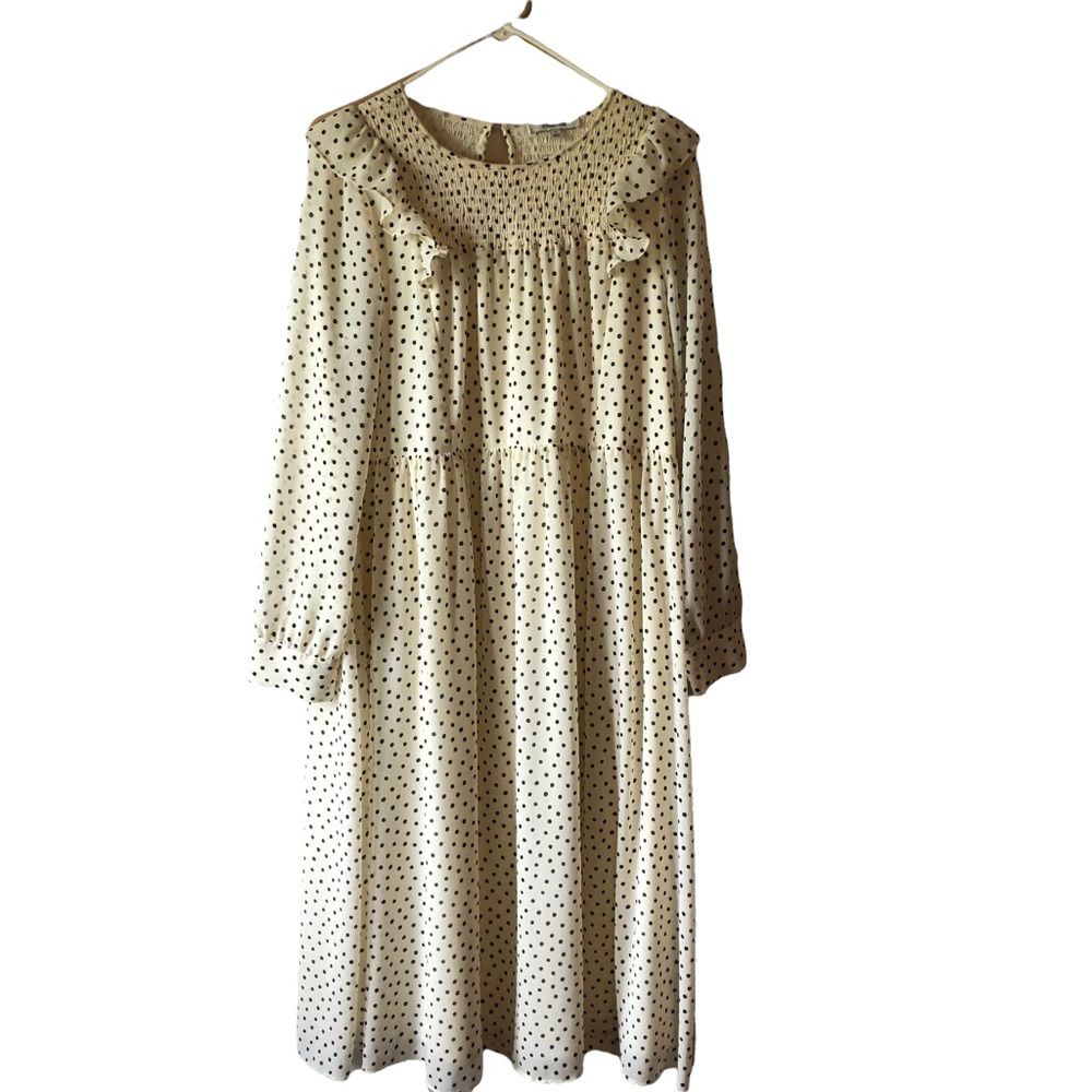 Madewell Off White with Black Polka Dots Smocked Maxi Peasant Dress Medium